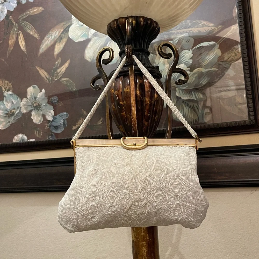 Vintage White Beaded Clutch with Gold Frame